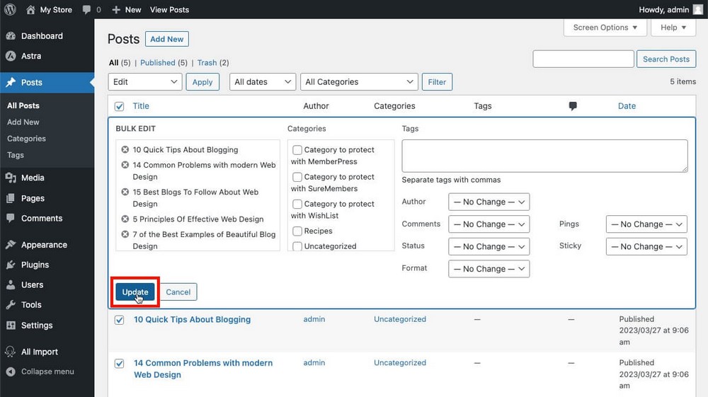 โพสต์อัปเดตจำนวนมากใน WordPress