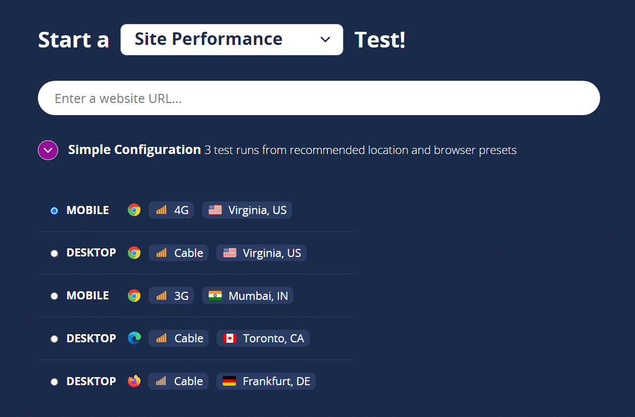 Starten eines Tests auf WebPageTest