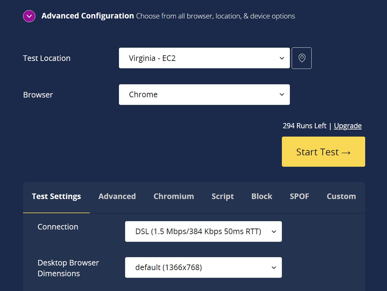 Configurazione delle impostazioni su WebPageTest