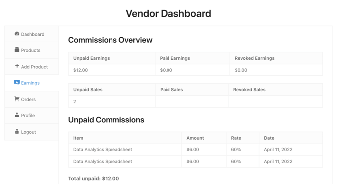 Vendor Dashboard Preview