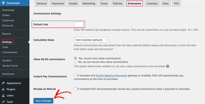 EDD Commissions Extension Settings