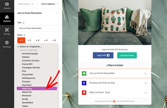 Select RafflePress mailchimp WordPress integration