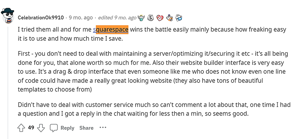 Squarespace が reddit で最高のウェブサイトビルダーに選ばれました。