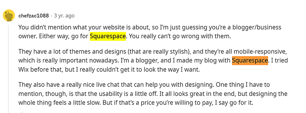 Squarespace web sitesi oluşturucu Reddit incelemesi.