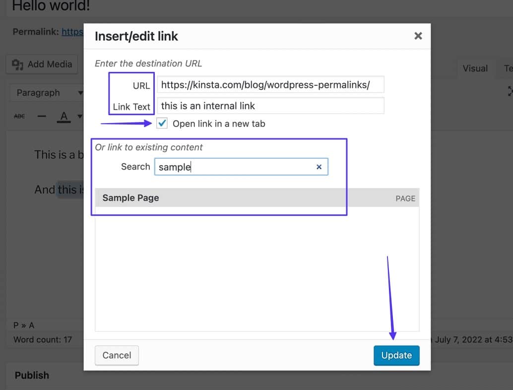 jendela sembulan dengan bidang URL, Teks Tautan, dan Pencarian