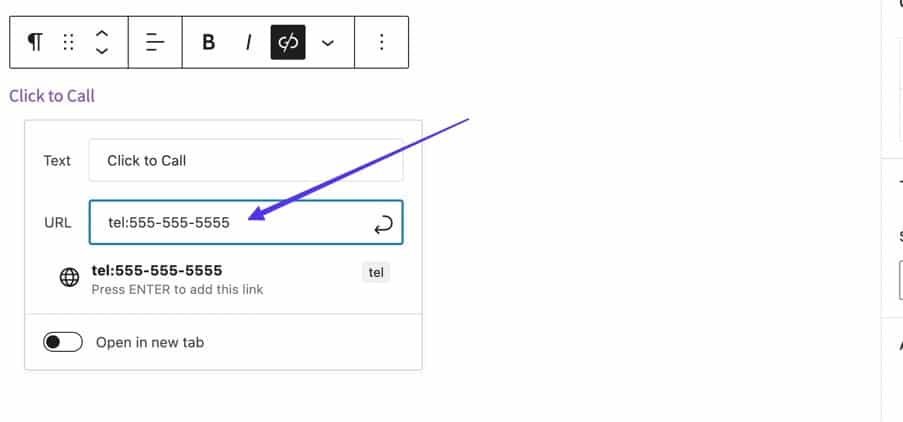 menempelkan nomor telepon ke bidang URL di WordPress