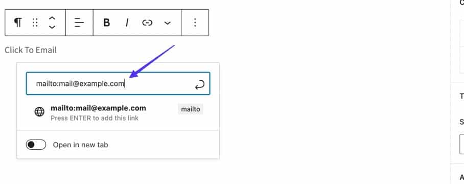 Um mailto: link em um editor visual do WordPress