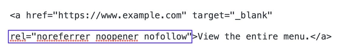 rel=noreferrer noopener และ nofollow ที่ไฮไลต์ภายในโค้ดลิงก์