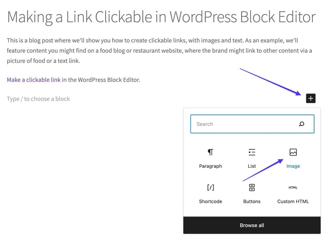 WordPress の投稿には、クリック用のブロック + ボタンがあり、画像ブロックを検索できます。