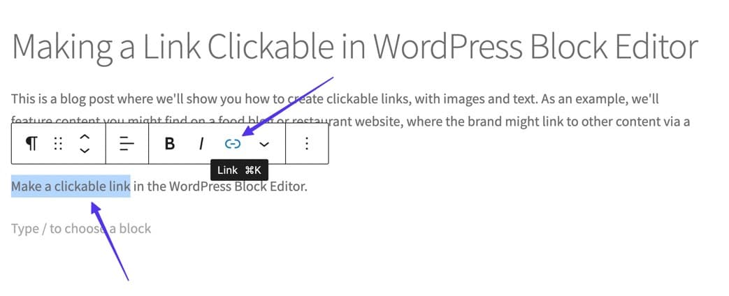 ใน WordPress เน้นข้อความและคลิกปุ่มลิงก์สำหรับโปรแกรมแก้ไขภาพ