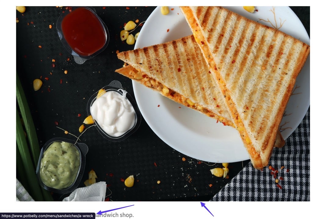 seta apontando para o URL de visualização do navegador em uma página de produto Potbelly