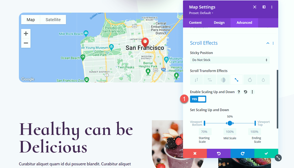 Divi Agrandir la carte sur le défilement avec les effets de défilement Activer la mise à l'échelle