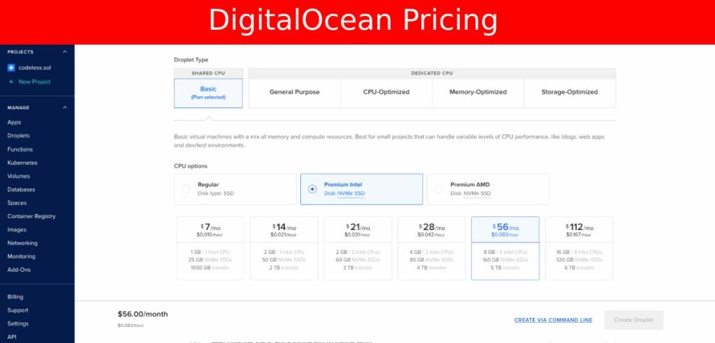 DigitalOcean 관리되지 않는 VPS 가격