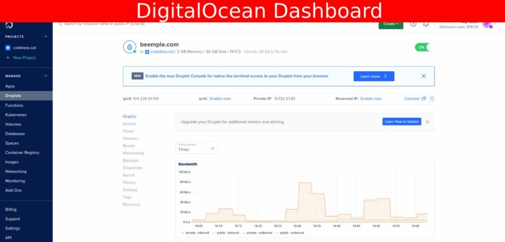 DigitalOcean 관리되지 않는 VPS 대시보드