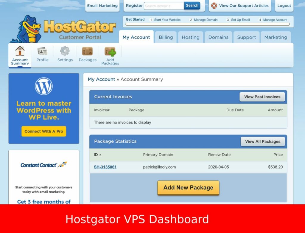 Tableau de bord VPS non géré Hostgator