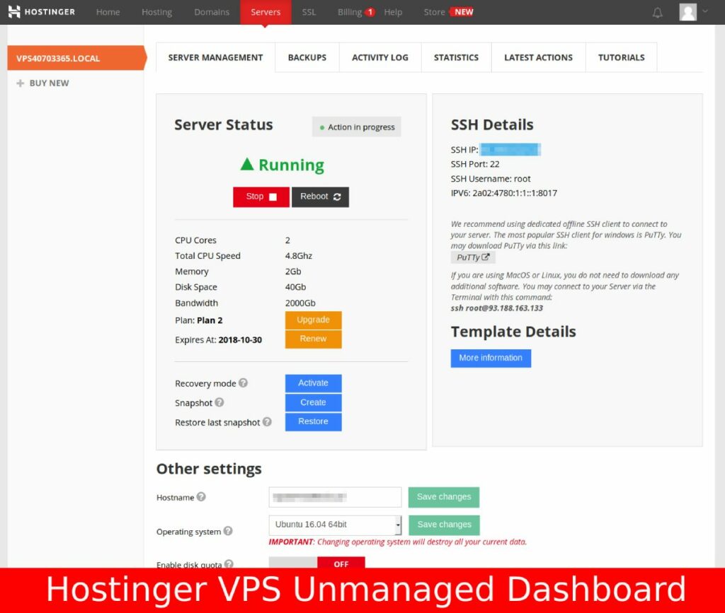 Hostinger 非托管 VPS 仪表板