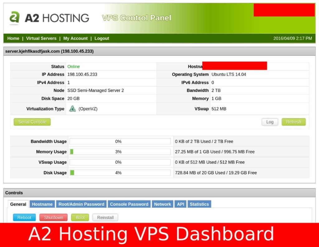 a2 hosting Dashboard VPS non gestito