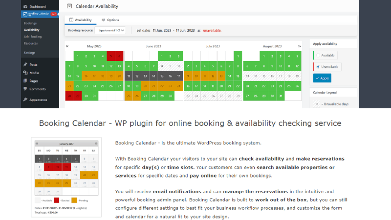 capture d'écran du plug-in wordpress du calendrier de réservation