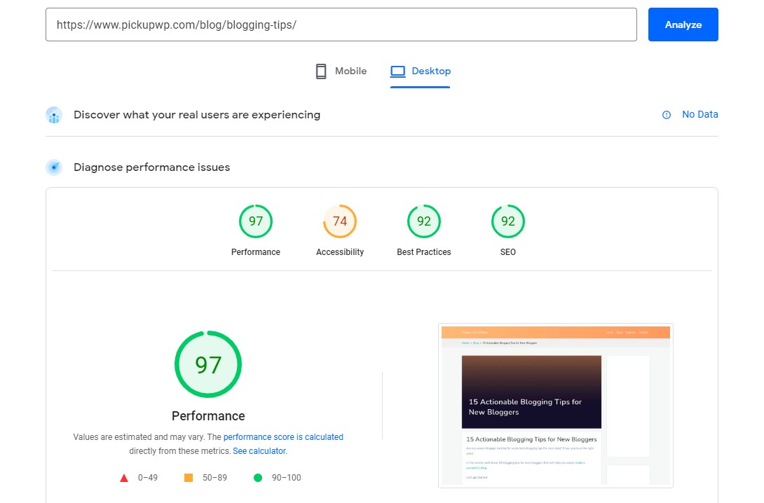 Resultados do Google PageSpeed ​​Insights para Pickup WP