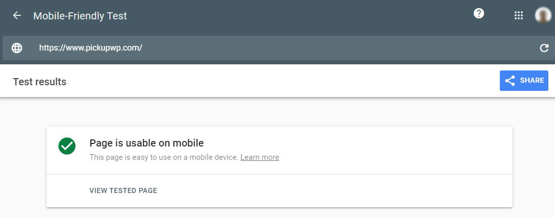 Google Mobile Friendly Testergebnisse für Pickup WP