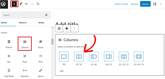 Add the Columns block in the block editor