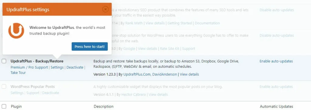 configurați programul și opțiunile de stocare backup wordpress