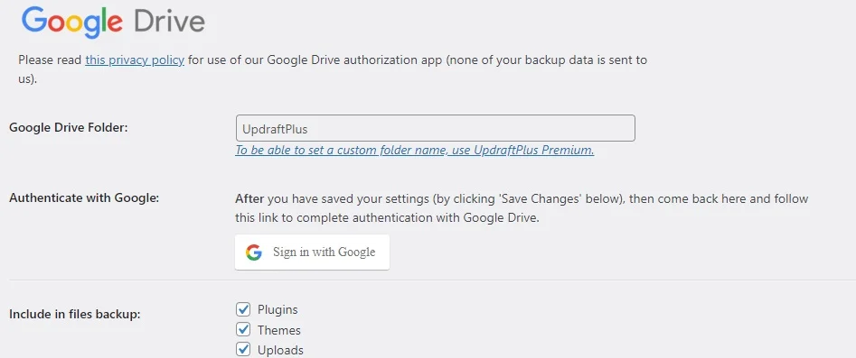 Remote-Speicheroptionen WordPress-Backup auf Google Drive