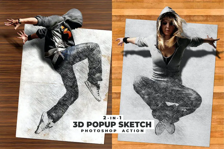 Aksi Photoshop Sketsa Munculan 3D -