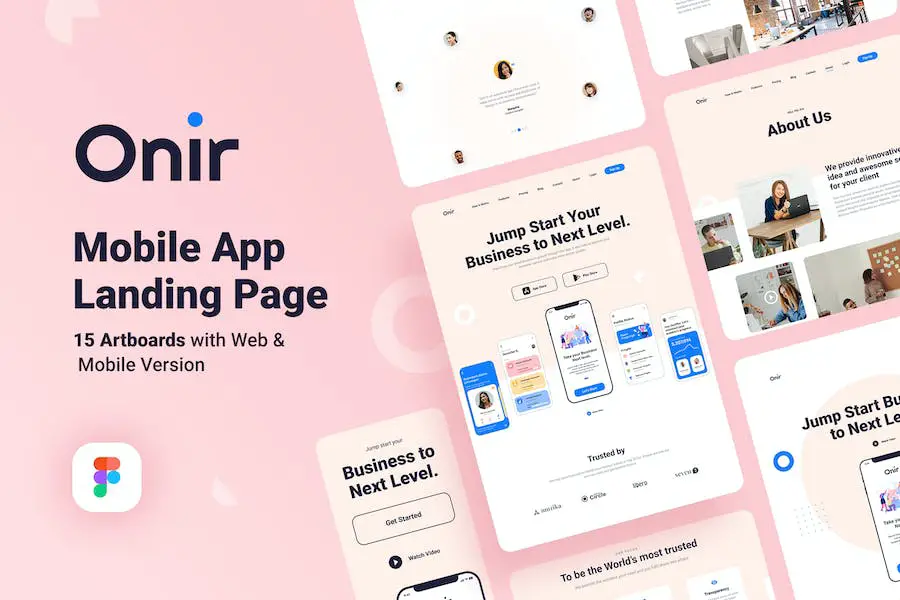 Onir - Modello Figma della pagina di destinazione dell'app mobile -