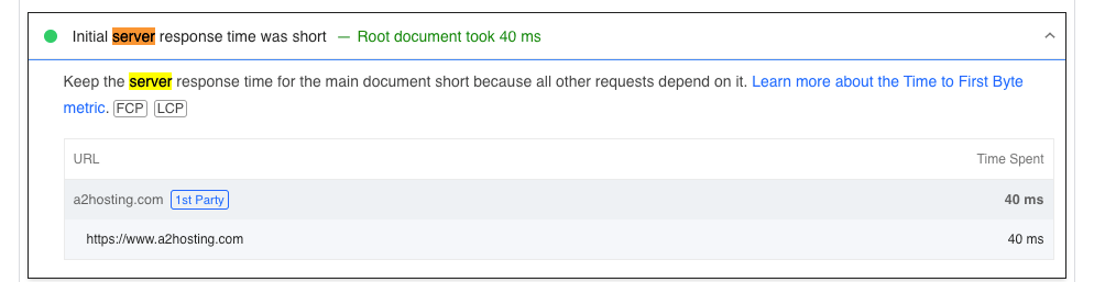 Temps de réponse du serveur d'hébergement A2