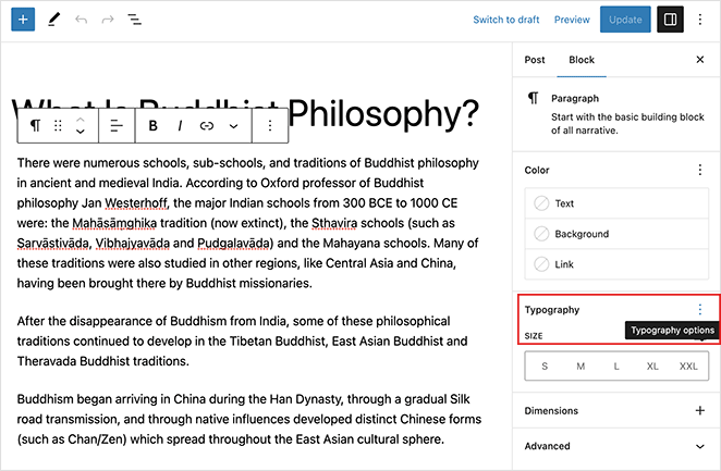 WordPress post typography options