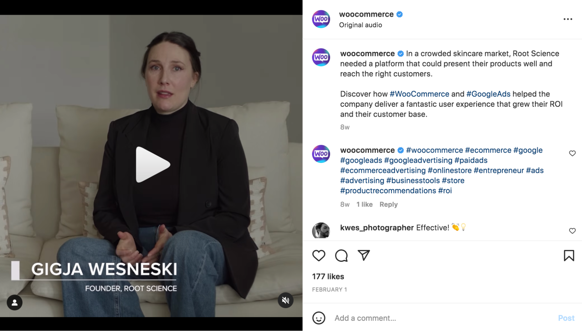 Témoignage vidéo WooCommerce publié sur Instagram