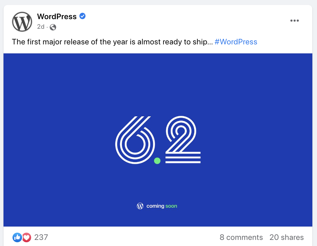 avance de WordPress V6.2 en las redes sociales