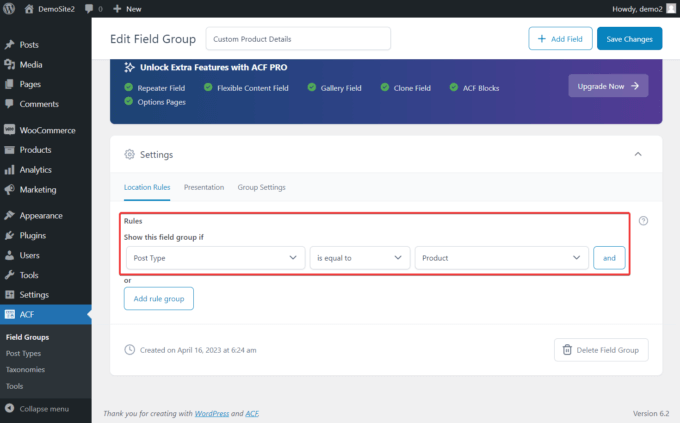 กฎกลุ่มฟิลด์ในหน้าการตั้งค่าของปลั๊กอิน Advanced Custom Fields