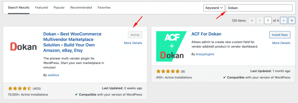 これは、WordPress ダッシュボードから Dokan をアクティブ化するスクリーンショットです。