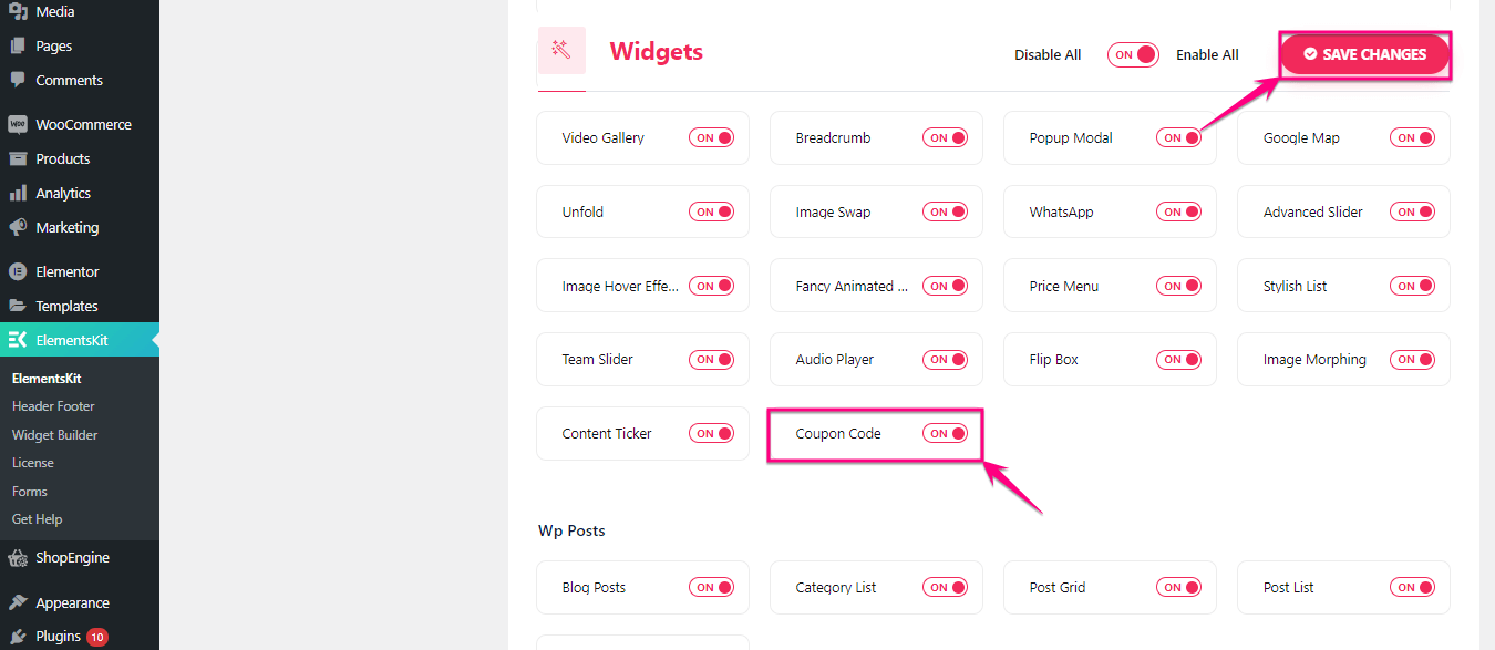 Habilitación del widget de código de cupón de ElementsKit