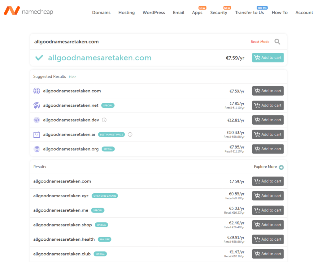 resultados de búsqueda de namecheap