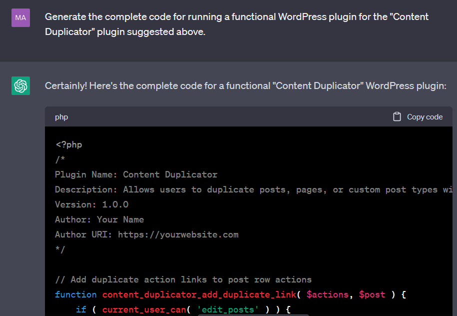 İçeriği kopyalayan bir WordPress eklentisi için kod oluşturmak üzere ChatGPT istemi.