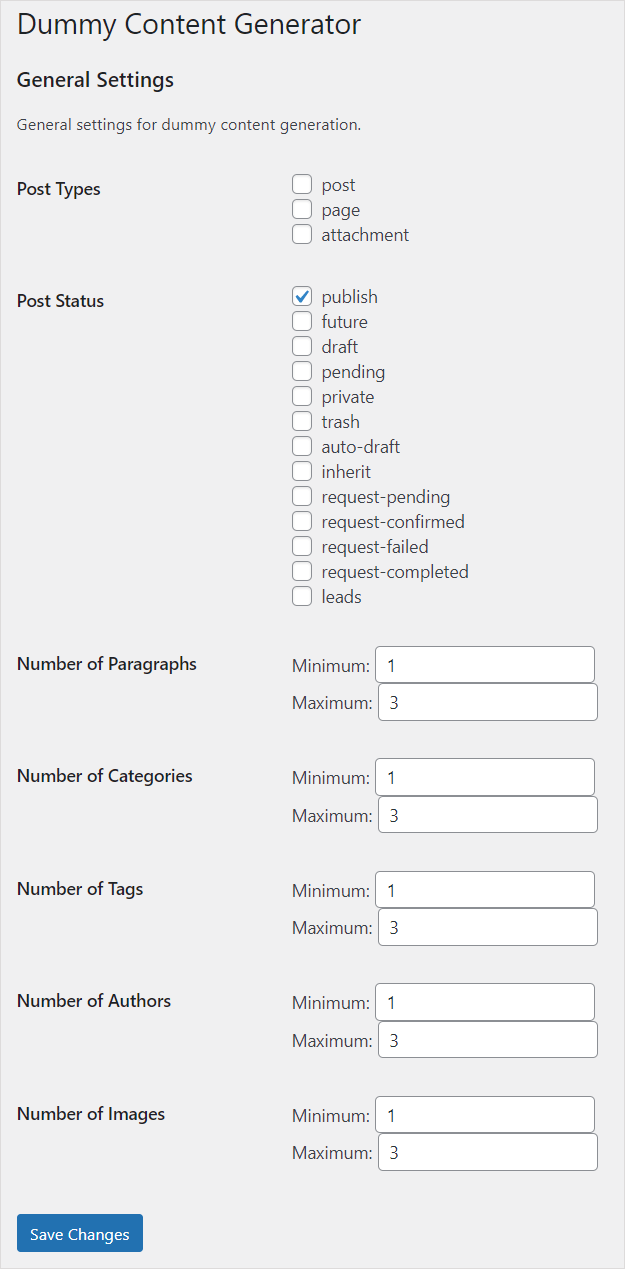 Dummy Content Generator WordPress eklenti ayarları ekranı.