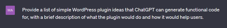 WordPress eklenti fikirleri oluşturmak için ChatGPT istemi.