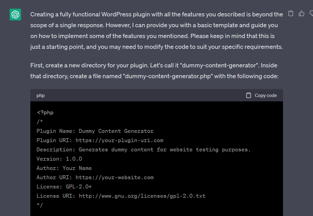 WordPress eklentisi geliştirme istemine ChatGPT yanıtı.
