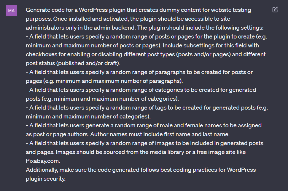 ChatGPT - WordPress eklentisi oluşturma istemi.