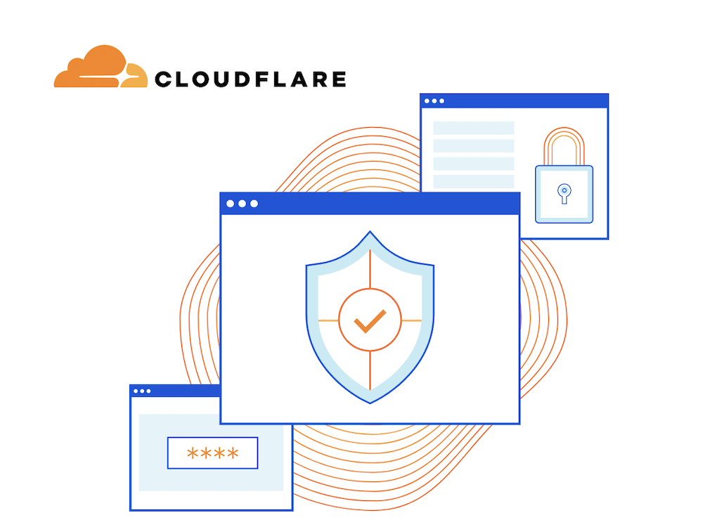 Logo Cloudflare dan representasi grafis dari WAF-nya.