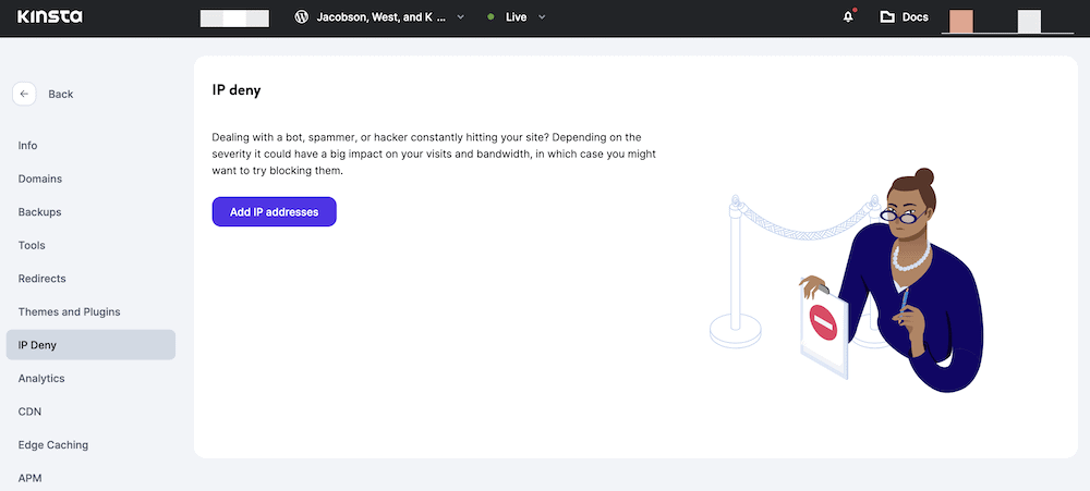 Ketentuan dasbor Kinsta untuk mengaktifkan opsi untuk memblokir alamat IP.