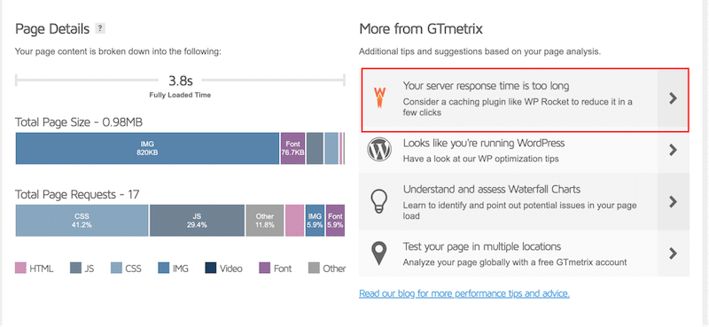 GTmetrix merekomendasikan WP Rocket - Sumber: GTmetrix