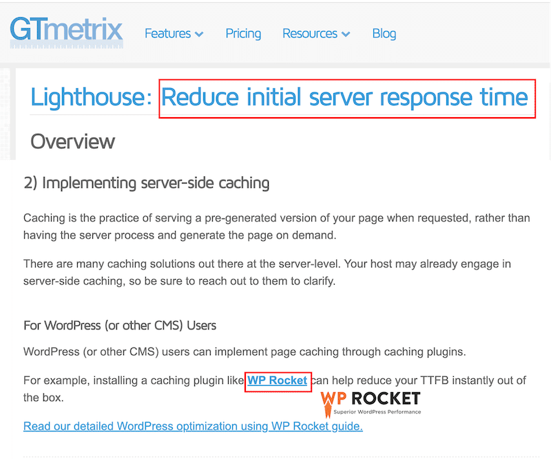 WP Rocket direkomendasikan oleh GTmetrix untuk mengurangi waktu respons server awal - Sumber: GTmetrix