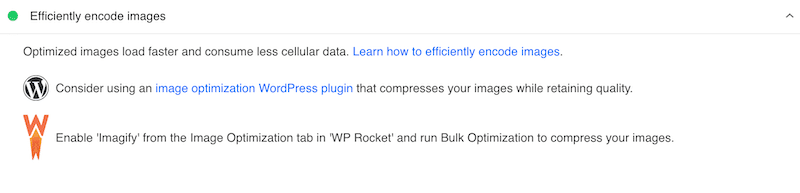 PageSpeed ​​Insights merekomendasikan pengaktifan Imagify untuk mengoptimalkan gambar Anda secara massal - Sumber: PSI