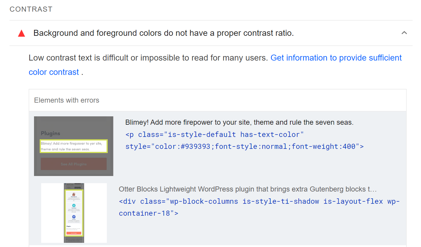 รายการองค์ประกอบที่มีอัตราส่วนคอนทราสต์ต่ำใน PageSpeed ​​Insights