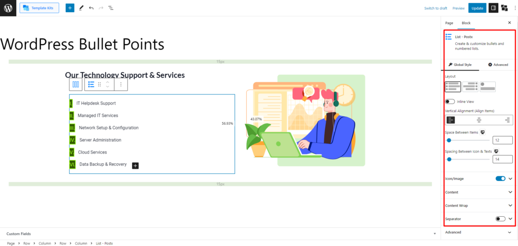 List Block Customization Settings