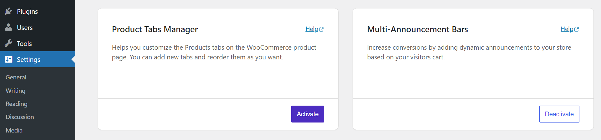 Mengaktifkan pengelola tab produk di pengaturan Sparks WooCommerce.